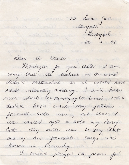 Letter from Vivienne Lord to Mr. Russell Davies 20th February 1981