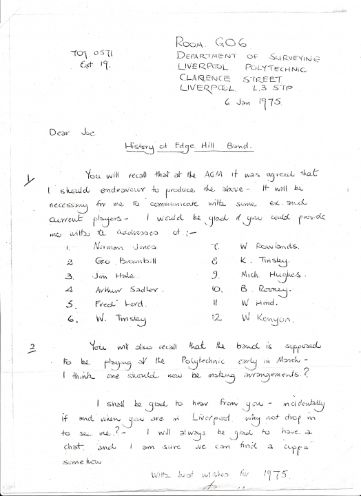 History of Edge Hill Band Letter