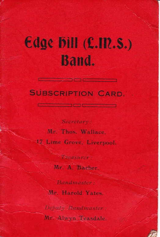 Cover of an Edge Hill Brass Band subscription card